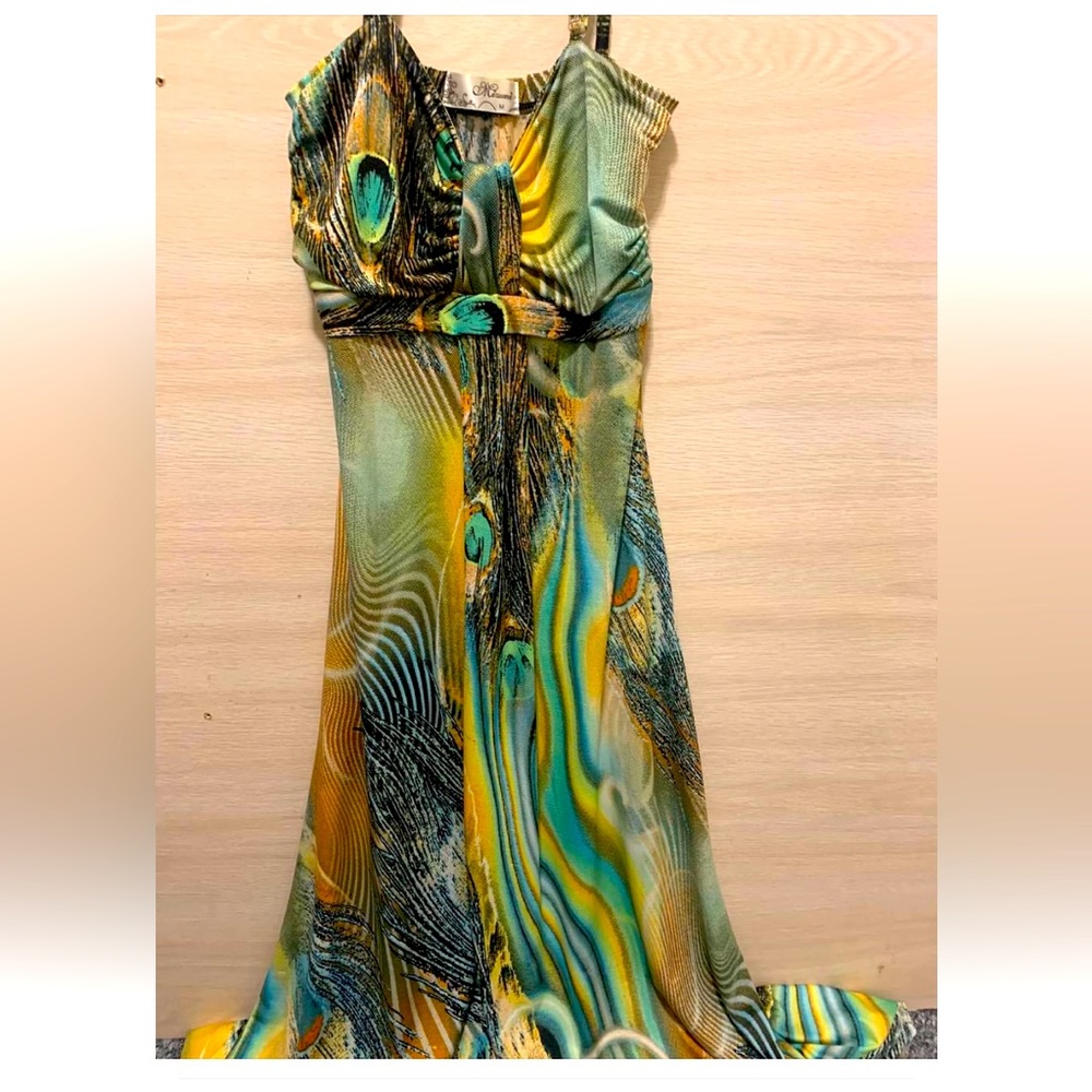 Peacock print extra long maxi dress
